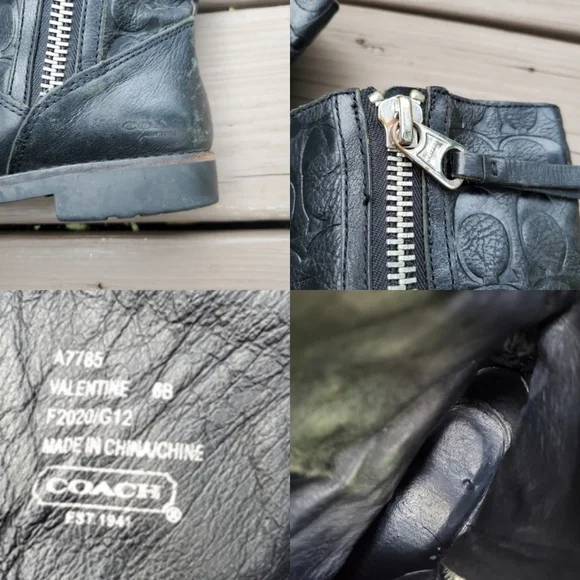 Coach Valentine Embossed Signature C Logo Black Leather Chunky Heel Zip Mid Boot - Picture 8 of 9